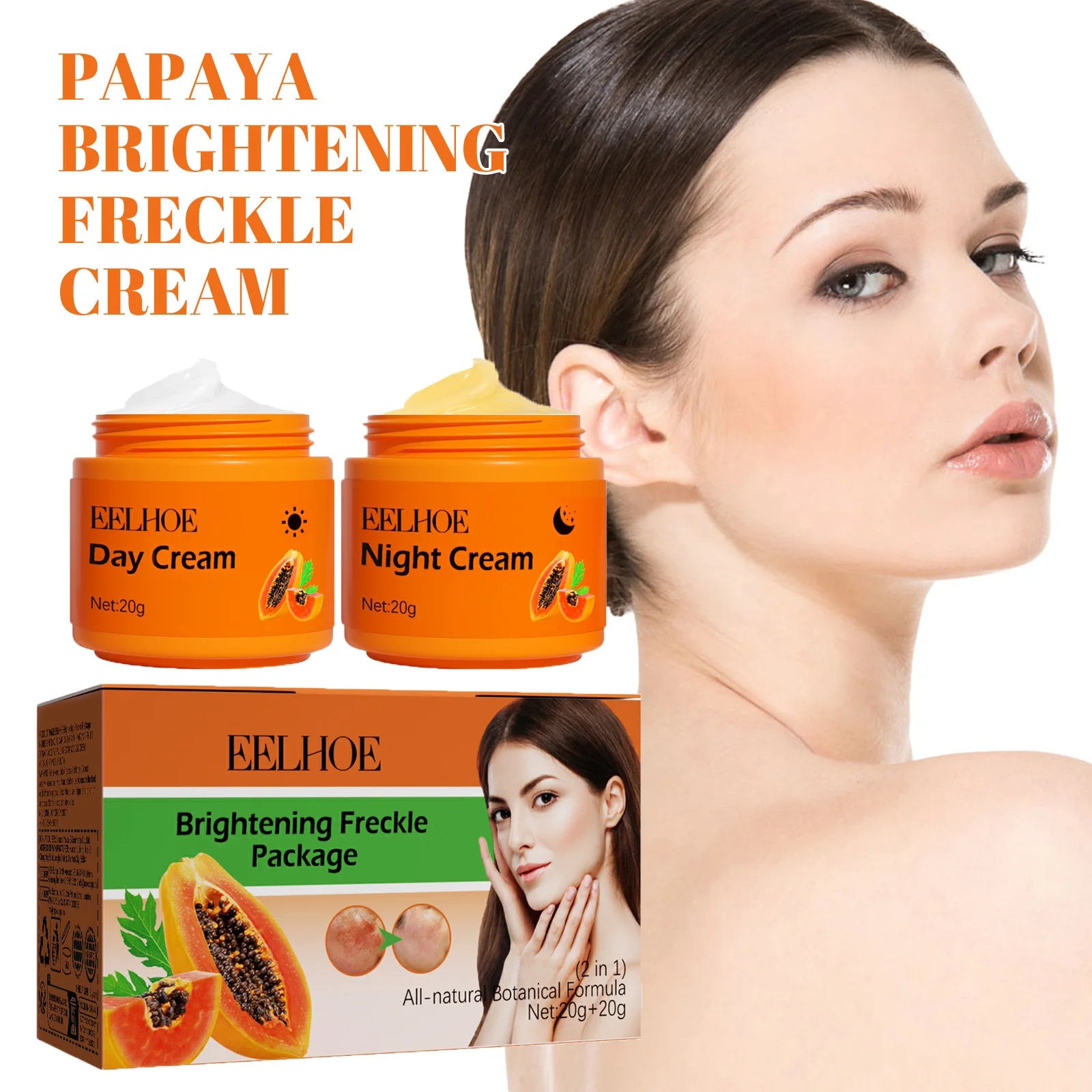Papaya Brightening Freckle Face Cream Set Day Night Sun Spots Corrector Fade Pigment Brighten Skin Tone Day & Night Moisturizer Qme