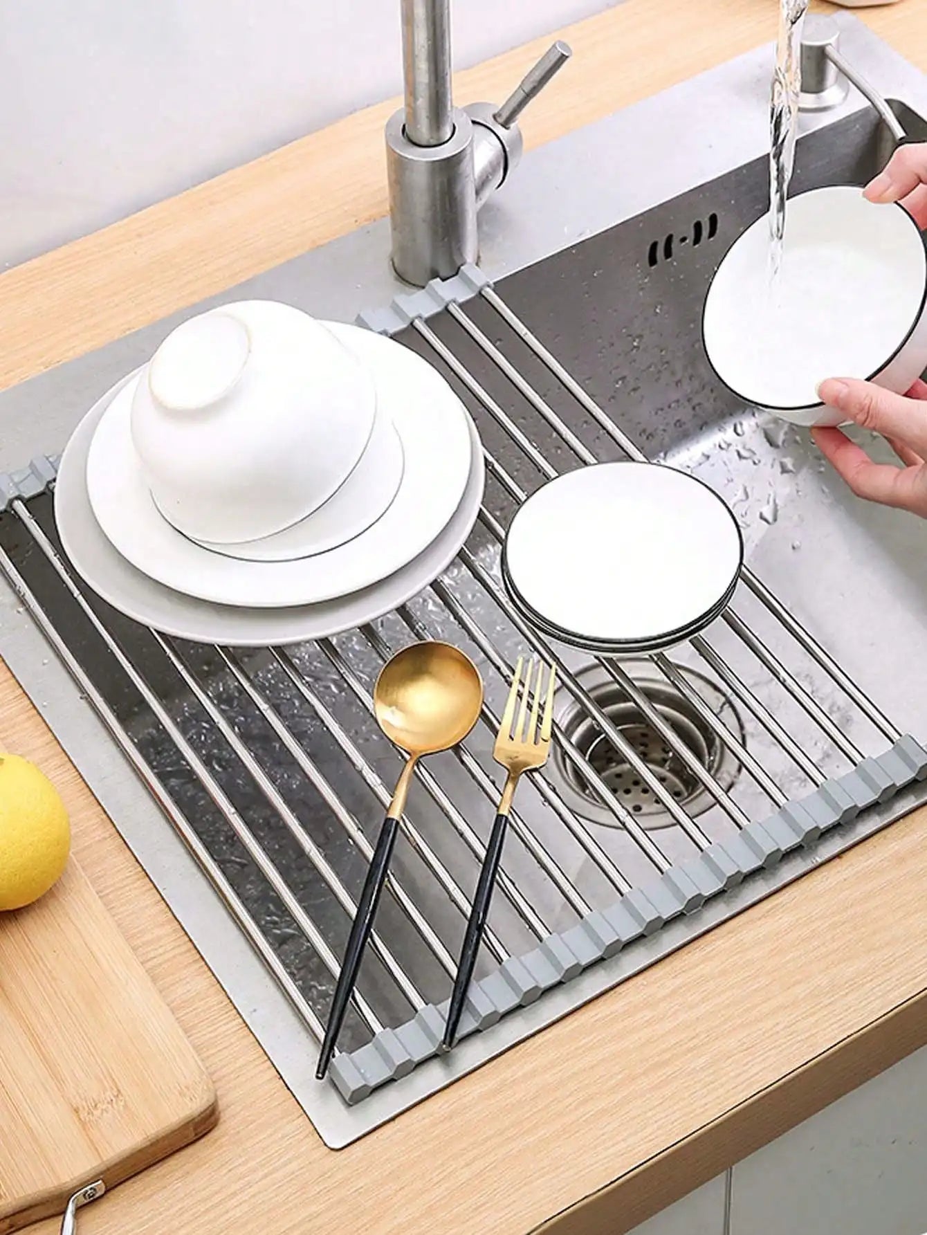 Foldable Expandable Sink Drain Rack Roll Up Bowl Dish Drying Suitable Qme