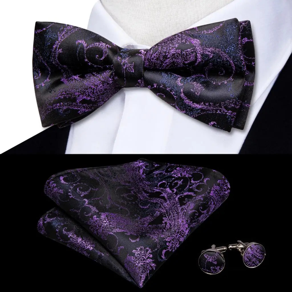 Purple Lilac Lavender Pansy Violet Silk Mens Bow Tie Hanky Cuffs Set Pre-tied Butterfly Knot Bowtie for Male Wedding Business Qme LDLH0566