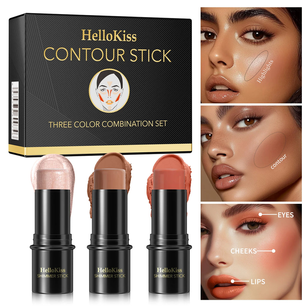 4pcs Contour Stick, Highlighter Stick, Blush Stick 4pcs Cream Contour Kit with Contour Brush, Create Face Contour, Non-greasy Qme