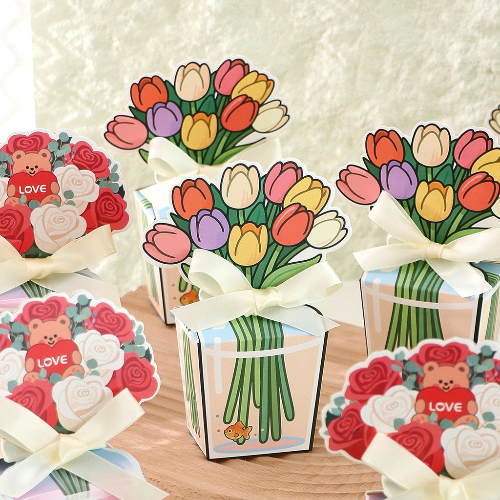 10 Creative 3D Tulip Bouquet Gift Boxes, Romantic Rose Teddy Bear Bouquet Gift Boxes, Hand-Painted Transparent Vases Decorated with Fish-Shaped Patterns, Paired with Off-White Satin Ribbon Bows, Holiday Party Tabletop Decorat Qme