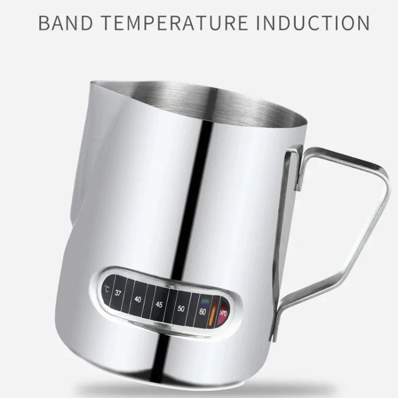 350mL Stainless Steel Milk Frothing Pitcher Temperature Display Milk Frother Pitcher Jug Cup for Latte Art Barista Kitchen Qme 350ml