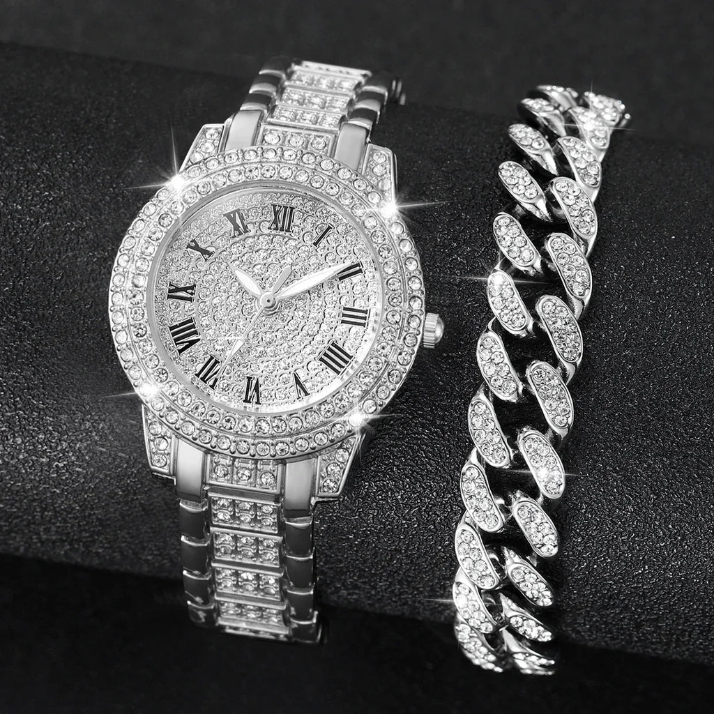 2 pçs moda diamante relógios femininos relógio de ouro senhoras relógios de pulso luxo strass pulseira das mulheres relógios Qme