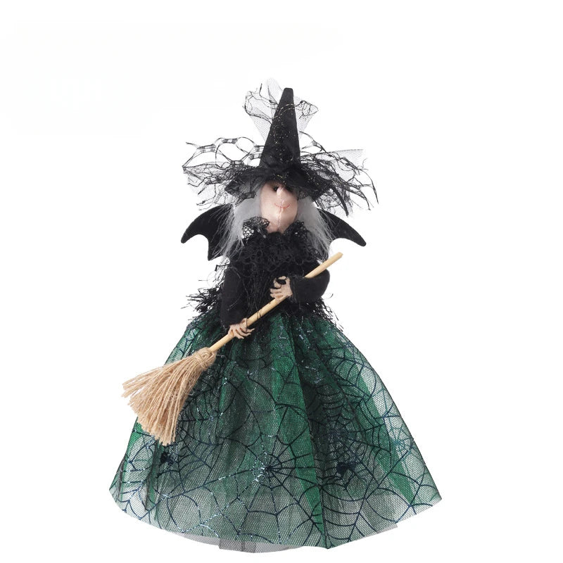 Halloween Broom Witch Doll Haunted House Doll Ornaments Black Spider Web Dress Witch Halloween Ghost Festival Decorate Props Qme green