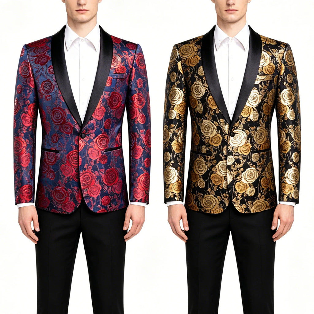 Men's Floral Rose Jacquard Blazer Multiple Colors Blue Red Black Gold Shawl Lapel Tuxedo Jacket for Wedding Prom Party Nightclub Qme