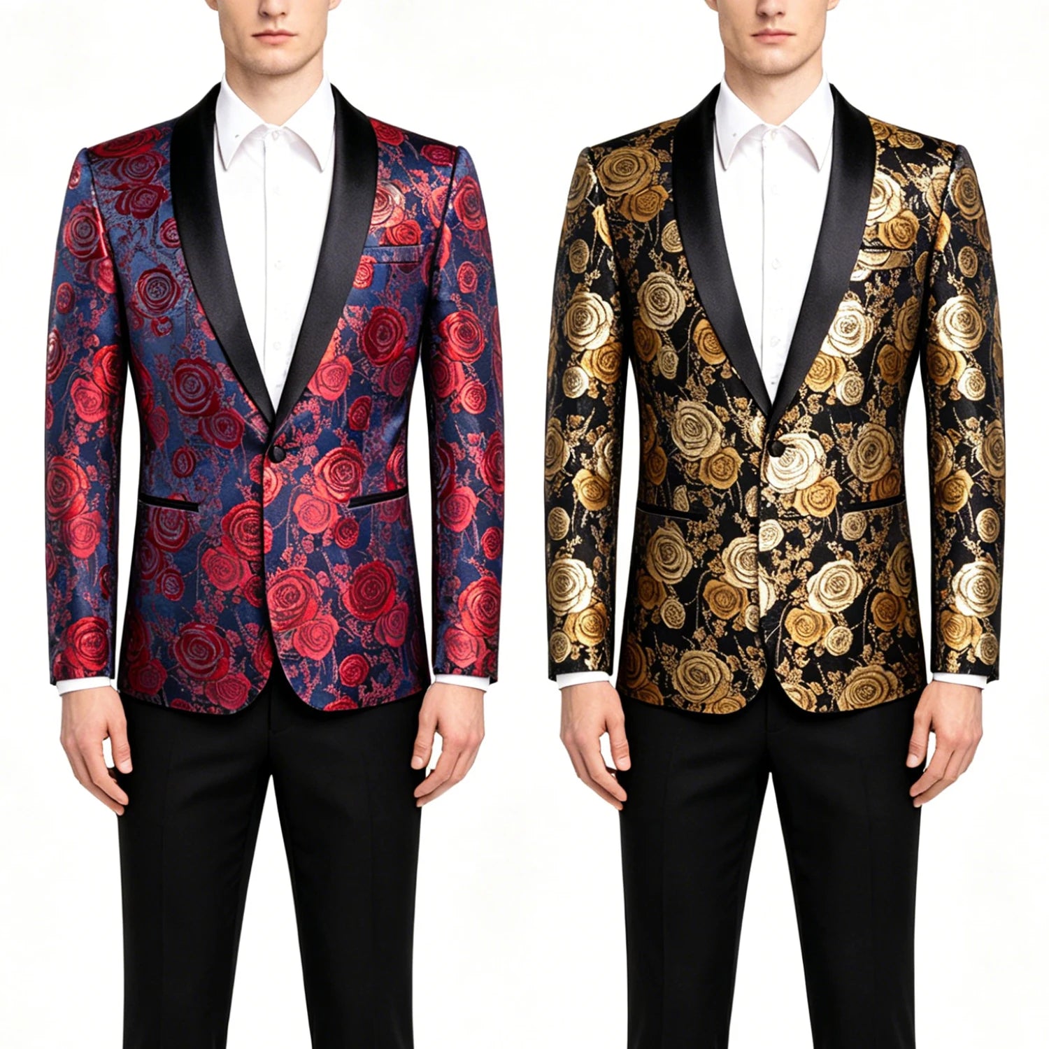 Men's Floral Rose Jacquard Blazer Multiple Colors Blue Red Black Gold Shawl Lapel Tuxedo Jacket for Wedding Prom Party Nightclub Qme