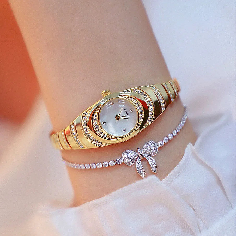 Ladies Quartz Wrist Watches Dress Watch Women Crystal Diamond Watches Gold Silver Clock Women Montre Femme Qme Gold set
