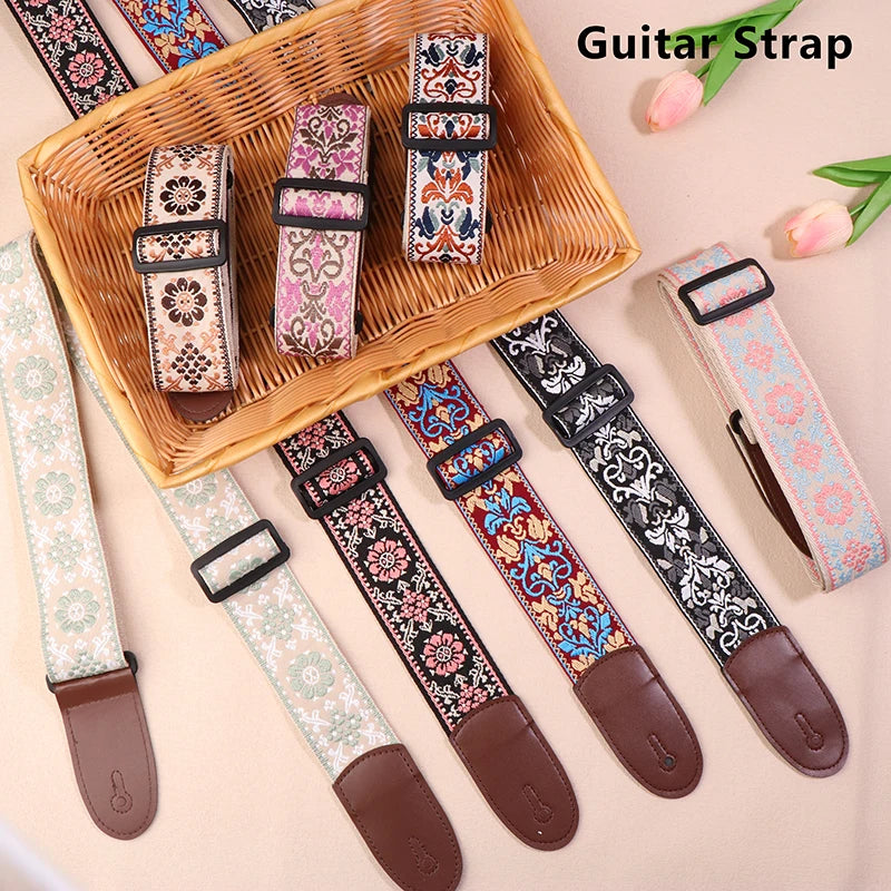 Guitar Strap Bass Cotton Leather Embroidery Straps Adjustable Neck Qme