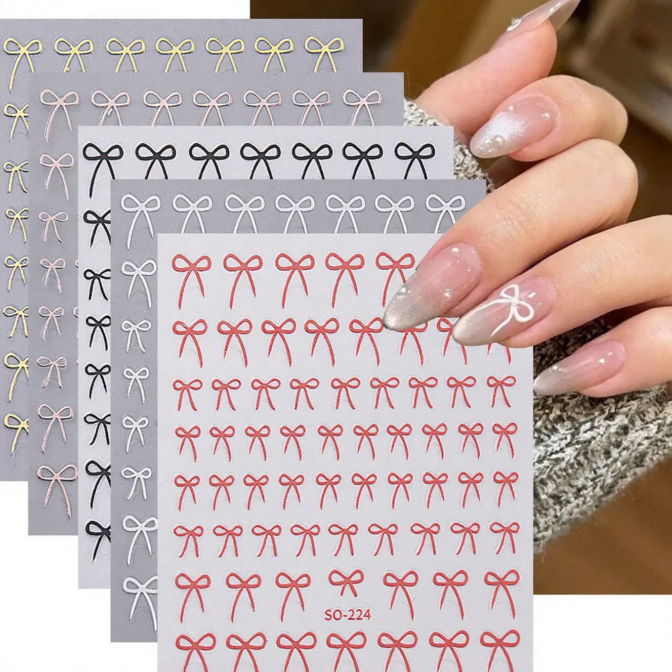 8pcs Mixed Color Bow Nail Art Stickers 3D Cute Red Black Pink Bowknot Nail Charms Foils Gold Laser Effect Bow Manicure Decor Qme