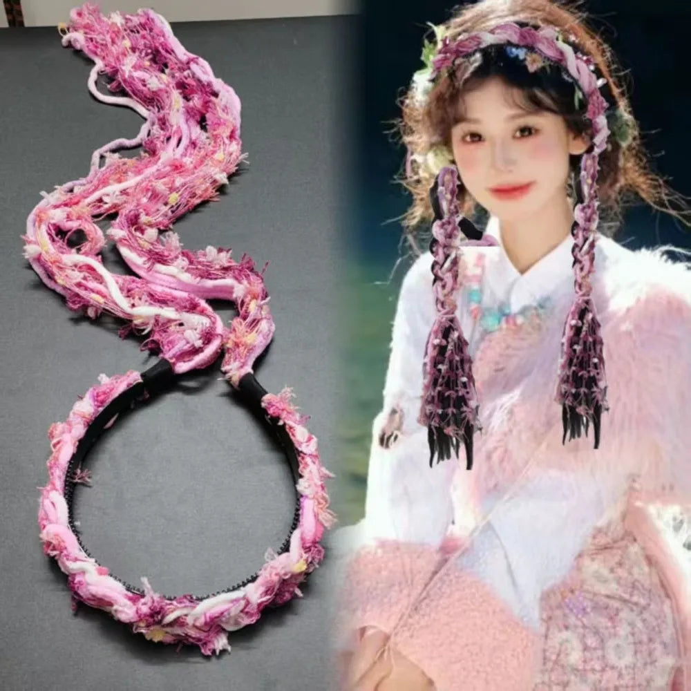 Boho Style Chinese Tibetan Hairband Colorful Ribbon Long Tassel Braid Hairband Candy Colored Weaving Ethnic Hair Hoop Qme Pink