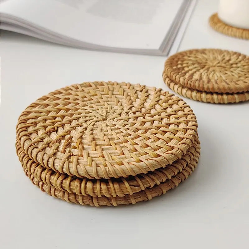 Placemat Pad Coasters Kitchen Table Mats Rattan Coaster Bowl Mats Padding Mat Insulation Pad Round Placemats Woven Hand-made Qme