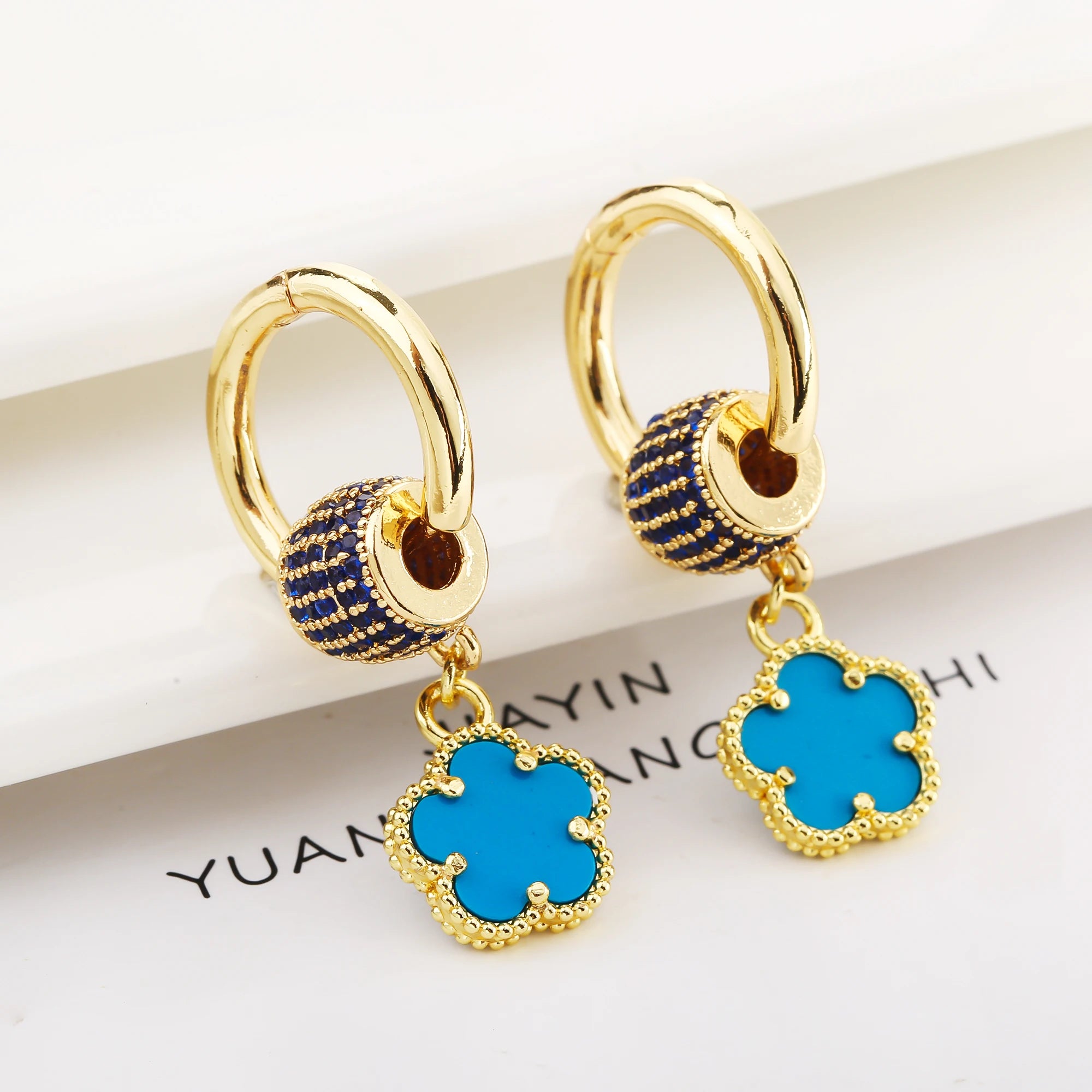 New Design Gold-Plated Five-Leaf Flower Stone Zircon Dangle Drop Earrings Creative For Woman Birthday Jewelry Accessories Clover Qme Blue