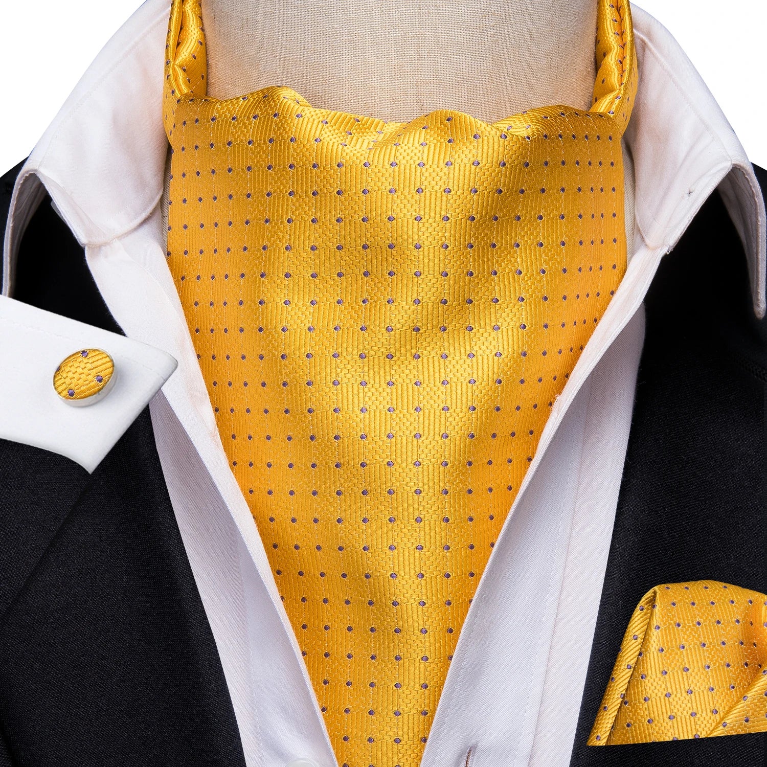 Silk Mens Ascot Black Pink Blue Red Gold Green Purple White Beige Cravat Tie Hanky Cufflinks for Male Wedding Business Prom Gift Qme AS-1017