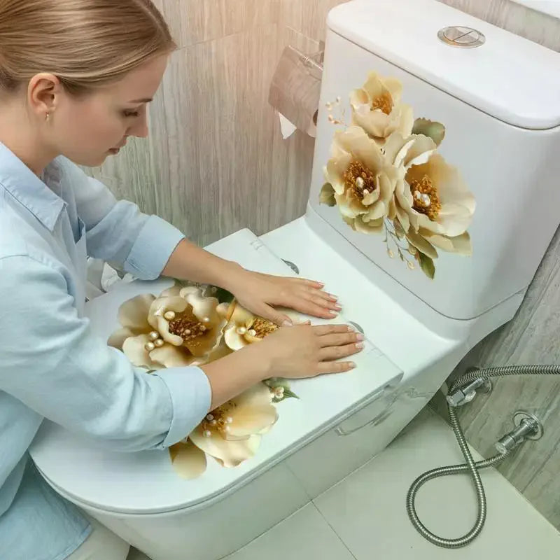 Luxury Gold Pearl Floral Toilet Sticker Waterproof Self-adhesive Qme