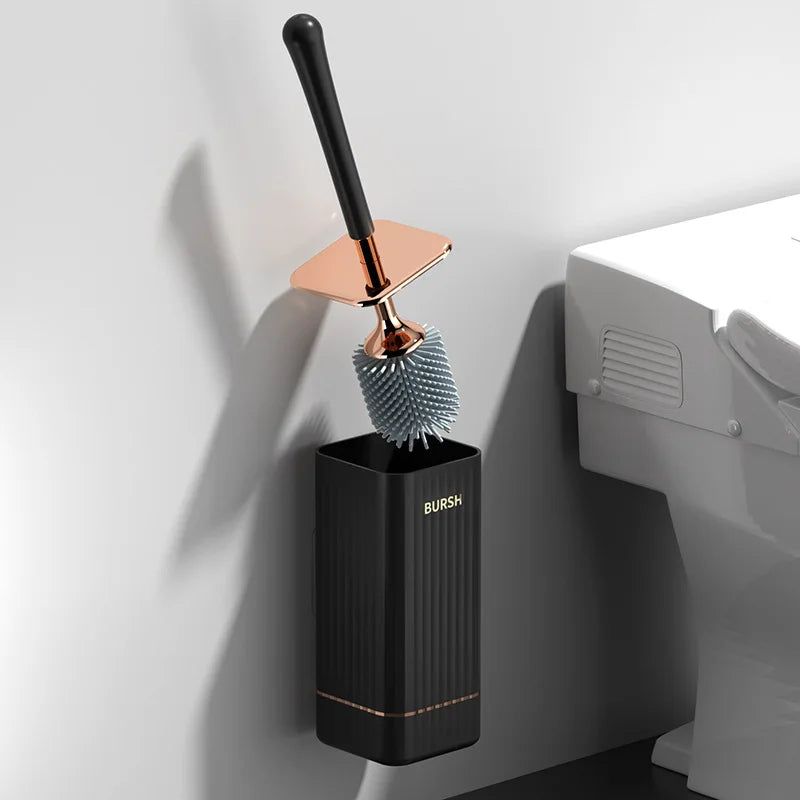 Long Handle Silicone Toilet Brush Flexible Soft Bristles Leak Proof Design No Dead Corner Wall Mounted Bathroom WC Cleaner Set Qme Silicone brush Black