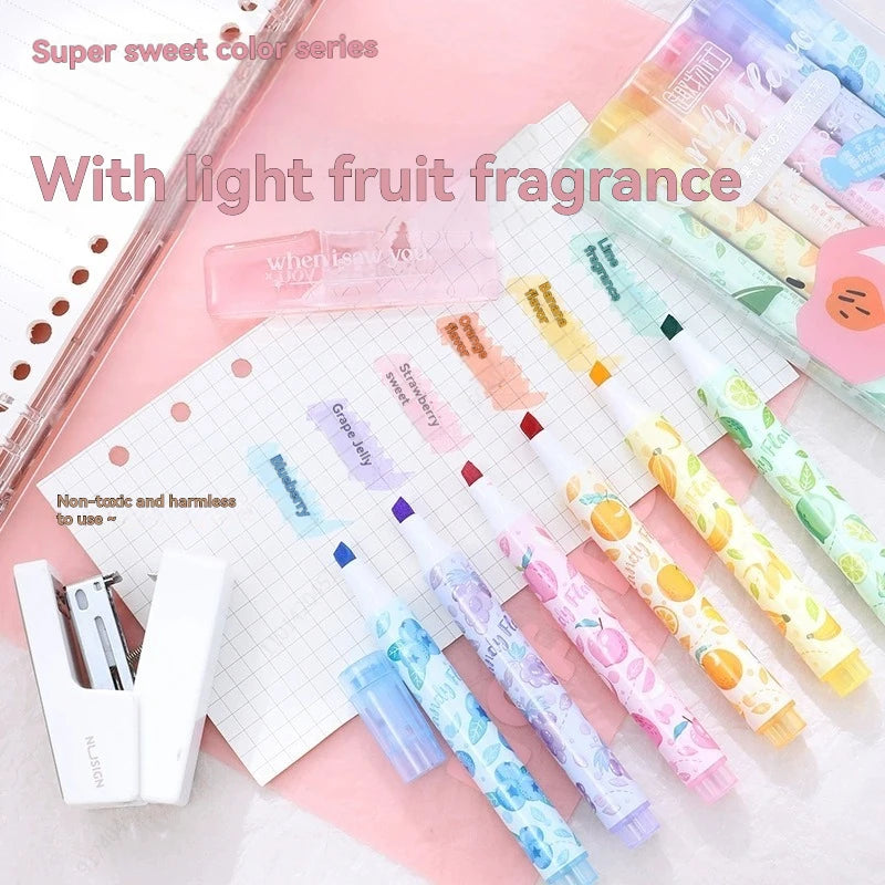 6 Colors Stamp Fruit Candy Aroma Seal Highlighter Set, Chisel Tip, Marker Pen Pastel Assorted Colors for Cute Kawaii Stationery Qme