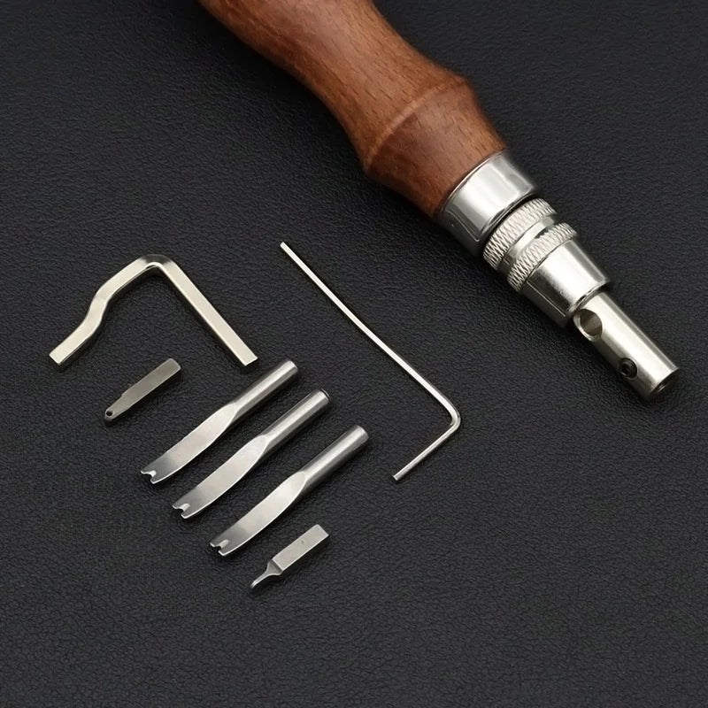 Leathercraft Tools Kit with Adjustable Pro Stitching Groover and Beveler Edge Creaser, Wood Handle Leather Sewing DIY Hand Tools Qme 1set
