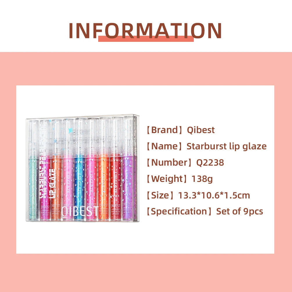 QIBEST Shimmer Lip Gloss 9Color Lip Sets Beauty Girl Diamond Glitter Lip Tint Long Lasting Liquid Lipstick Makeup Kits Lip Glaze Qme
