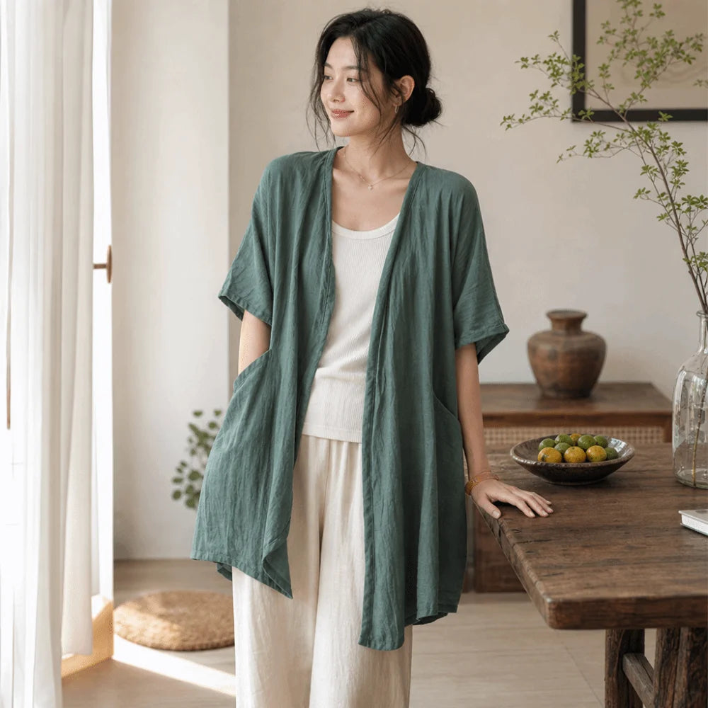 Solid Short Sleeved Linen Cardigan Loose Front Opening Summer Shirt Qme