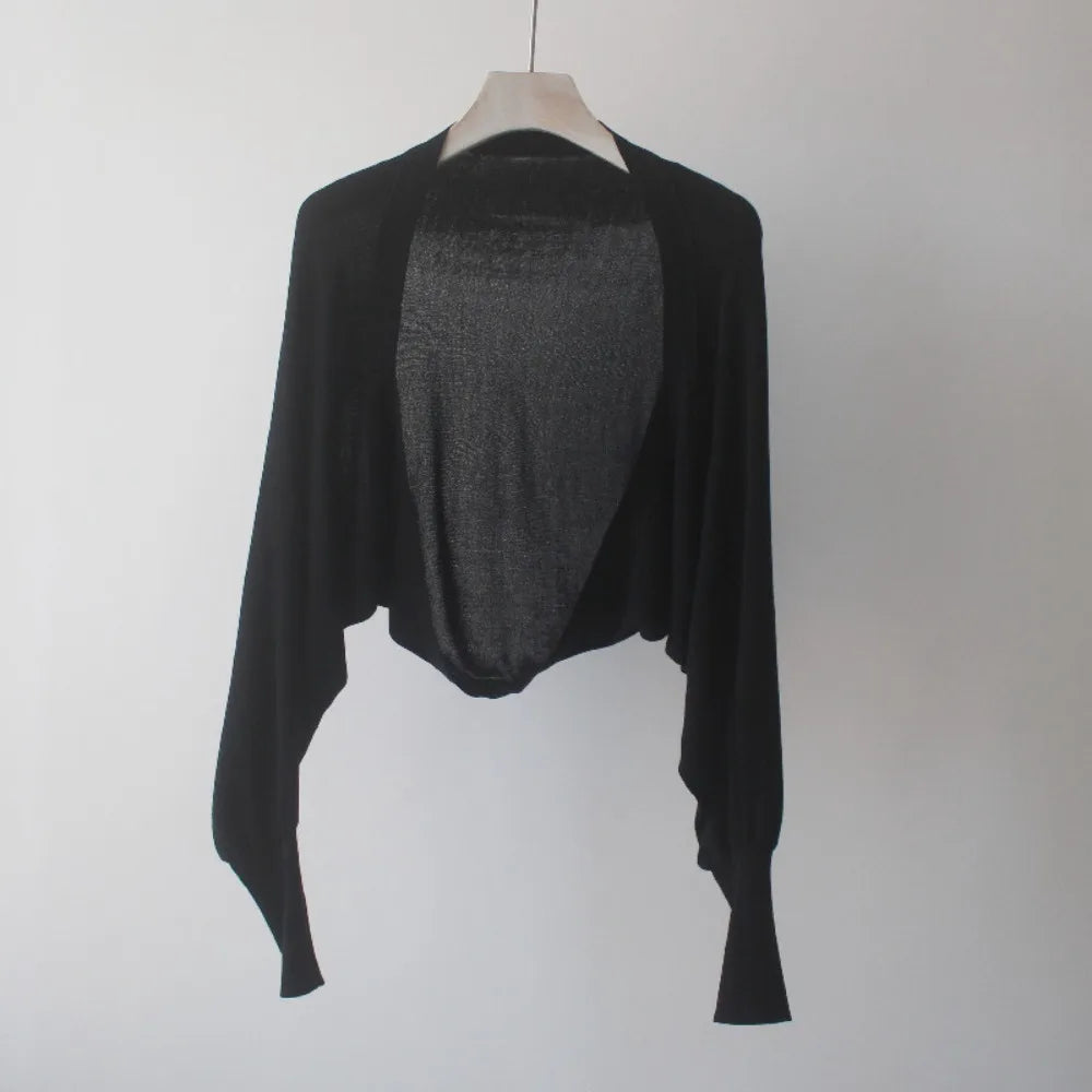 French Summer Thin Knit Shawl Solid Color Long Sleeve Ice Silk Shawl Casual Wraps Sunscreen Coat Female Qme Black