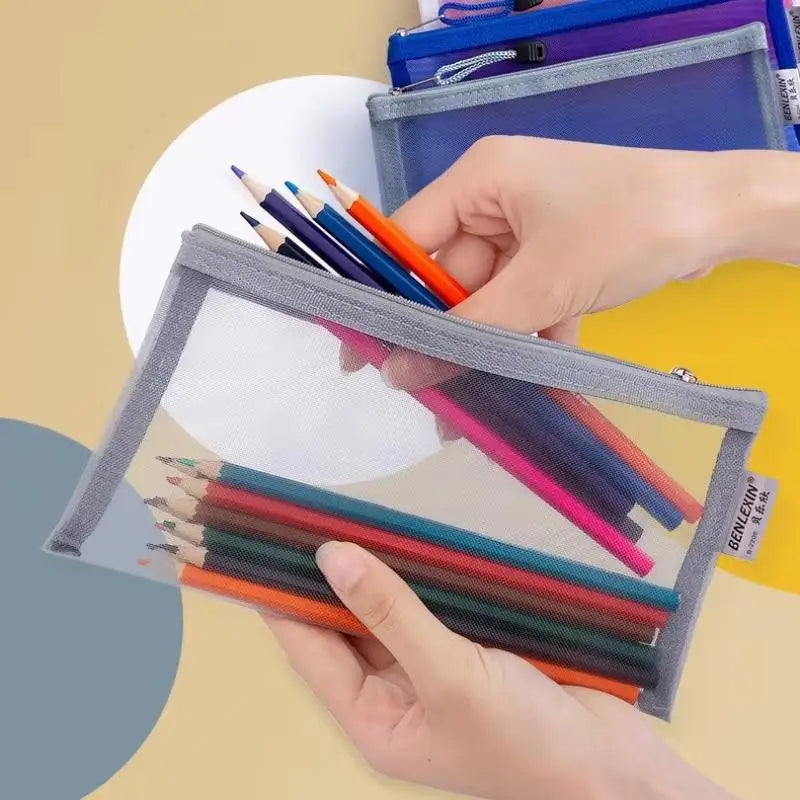 Mesh Pencil Pouches Transparent Design Durable Zip School Office Exam Qme