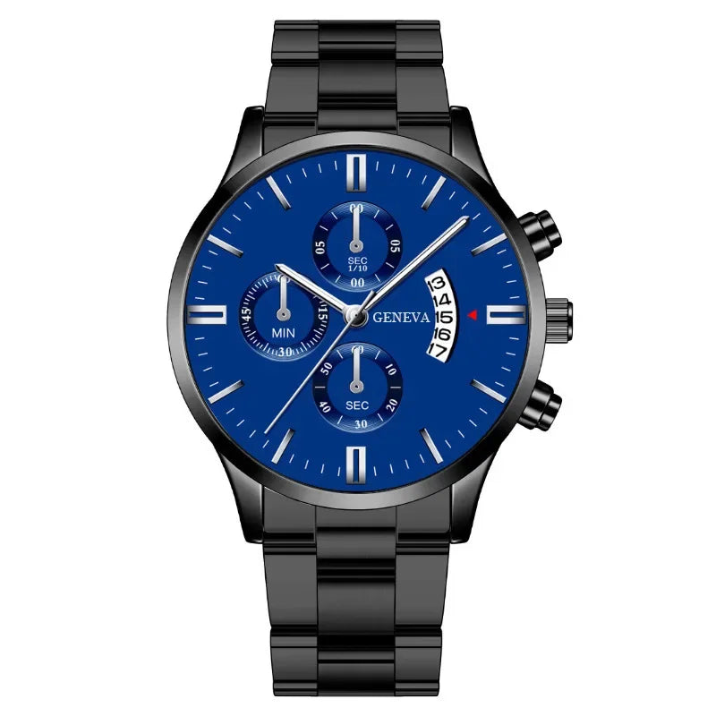 Fashion Mens Watches Luxury Silver Stainless Steel Quartz Wrist Watch Man Business Watch for Men Calendar Clock Reloj Hombre Qme Black and blue
