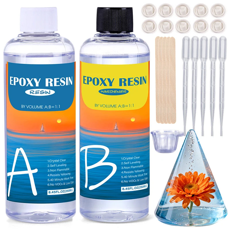 Easy Mix 1:1 Epoxy Resin Crystal Clear Kit Coating and Casting Resin for Table Top, Molds, Tumbler Crafts, Painting, Jewelry DIY Qme 250ml 250ml kit