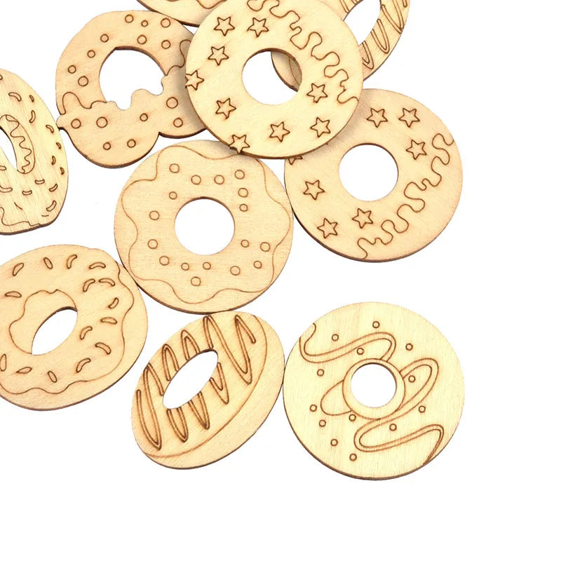 25Pcs 4cm Mix Doughnut Pattern Natural Wooden Oranments Handmade Supplies Wood Crafts DIY Kid Party Scrapbooking Art Decor C3499 Qme