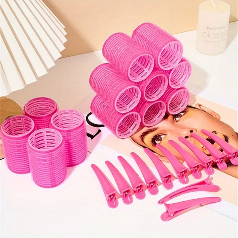 Self-adhesive hair curlers and clips set, consisting of 12 self-gripping curlers and 12 crocodile skin curling clips. Qme