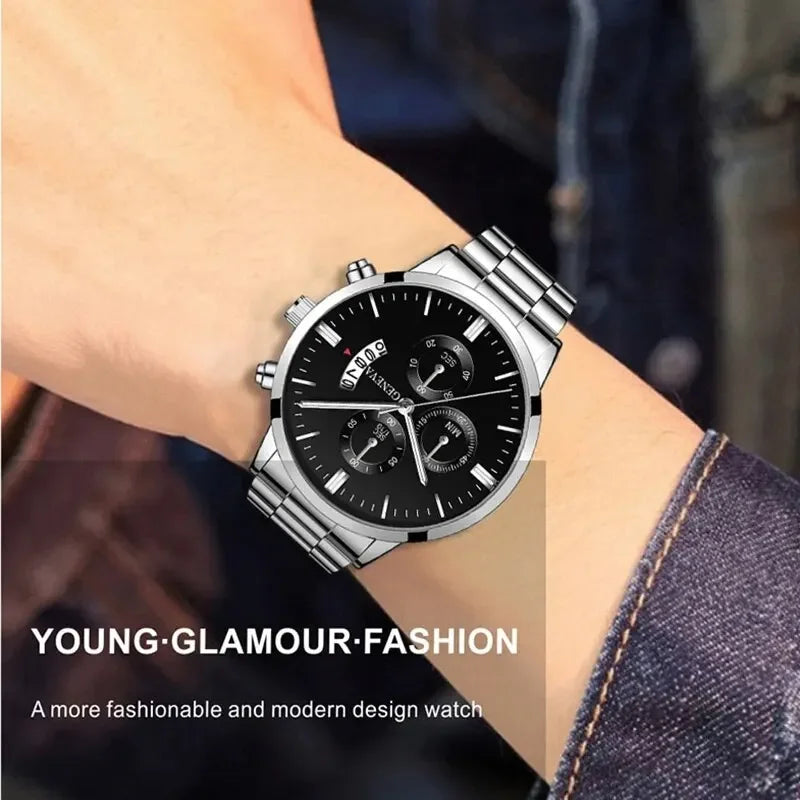 2026 2pcs Fashion Business Geneva Calendar Watch Personalized Men's Steel Belt Watch Business Set Qme