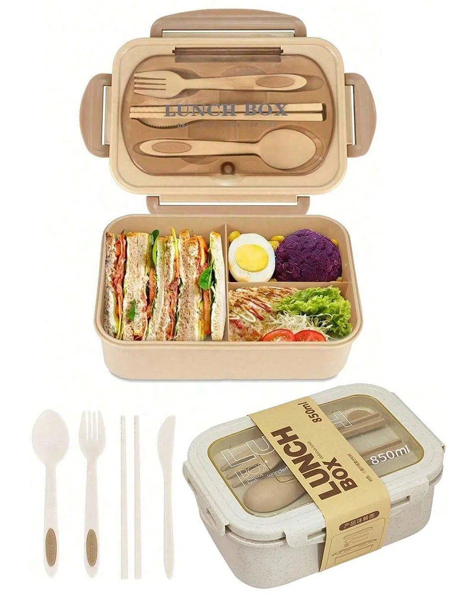 Lunch Box Two Compartments Built-in Cutlery Reusable Microwave Heated Qme Beige 2 2
