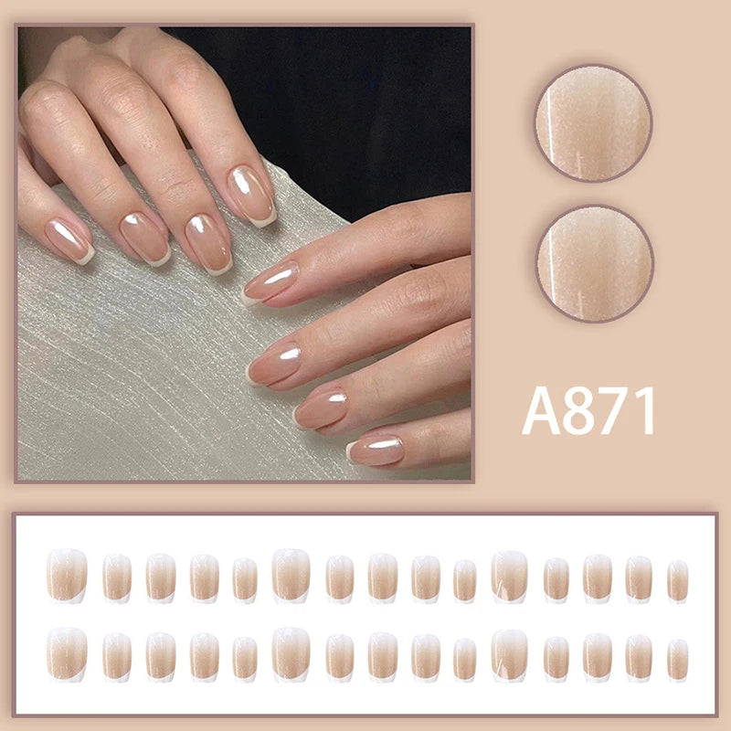 French Pearlescent Glitter Short Square False Nails Jelly Adhesive Qme