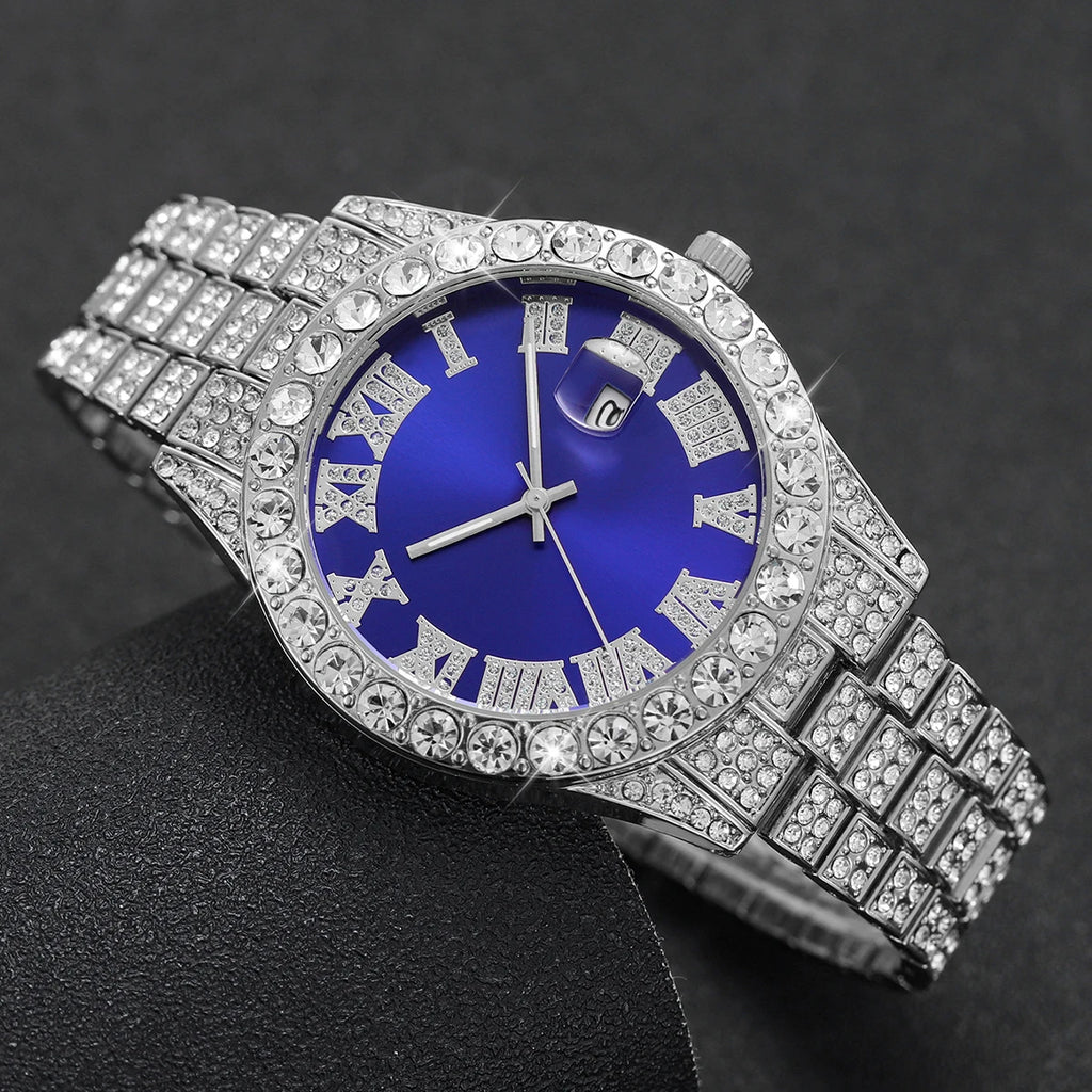 Men's Steel Band Quartz Watch Hip-Hop Business Steel Band Calendar Full Diamond Men's Watch Qme