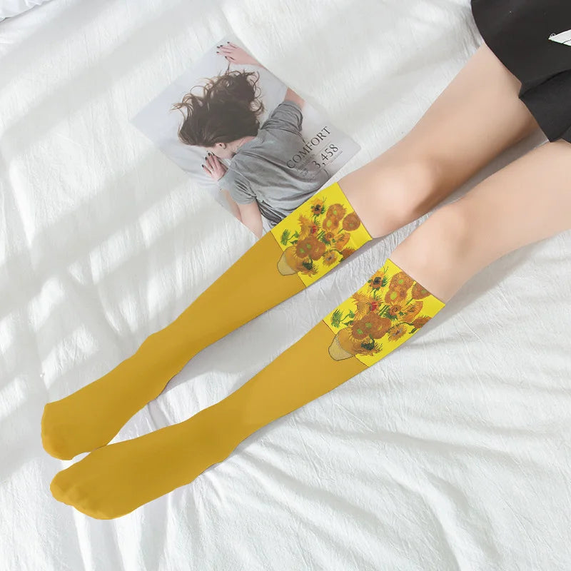Van Gogh Mural World Famous Painting Sunflower Stockings Women Qme