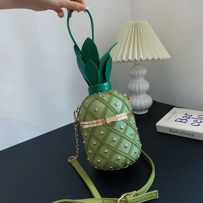 Women Pineapple-Shaped Crossbody Bag PU Leather Rivets Chain Strap Shoulder Bag Tote Novelty Handbags Summer Beach for Girls Qme Green