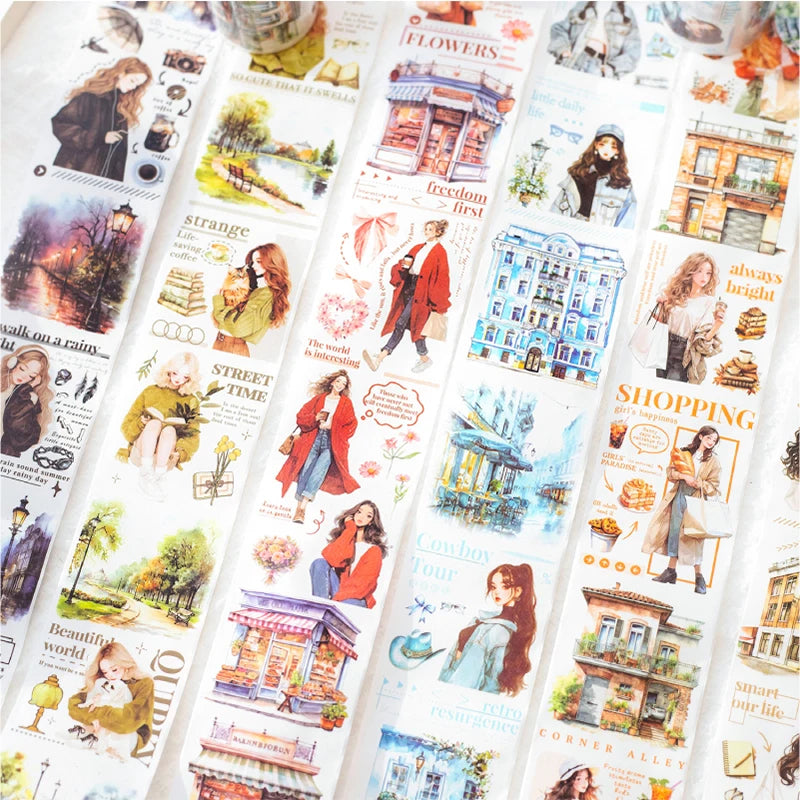 Watercolor Forest Style Girl & Park Landscape Washi Tape, Junk Journal Collage Base, Photo Album Decoration DIY Craft Supplies Qme
