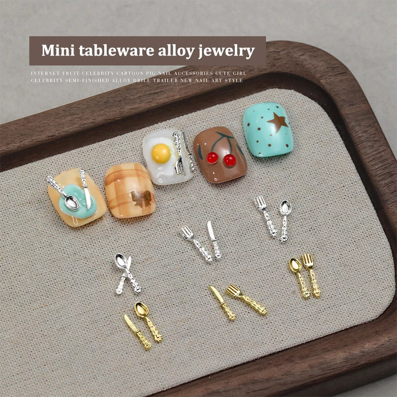 Mini Cute Tableware Nail Charm Metal Cartoon Nails Decoration Art DIY Qme