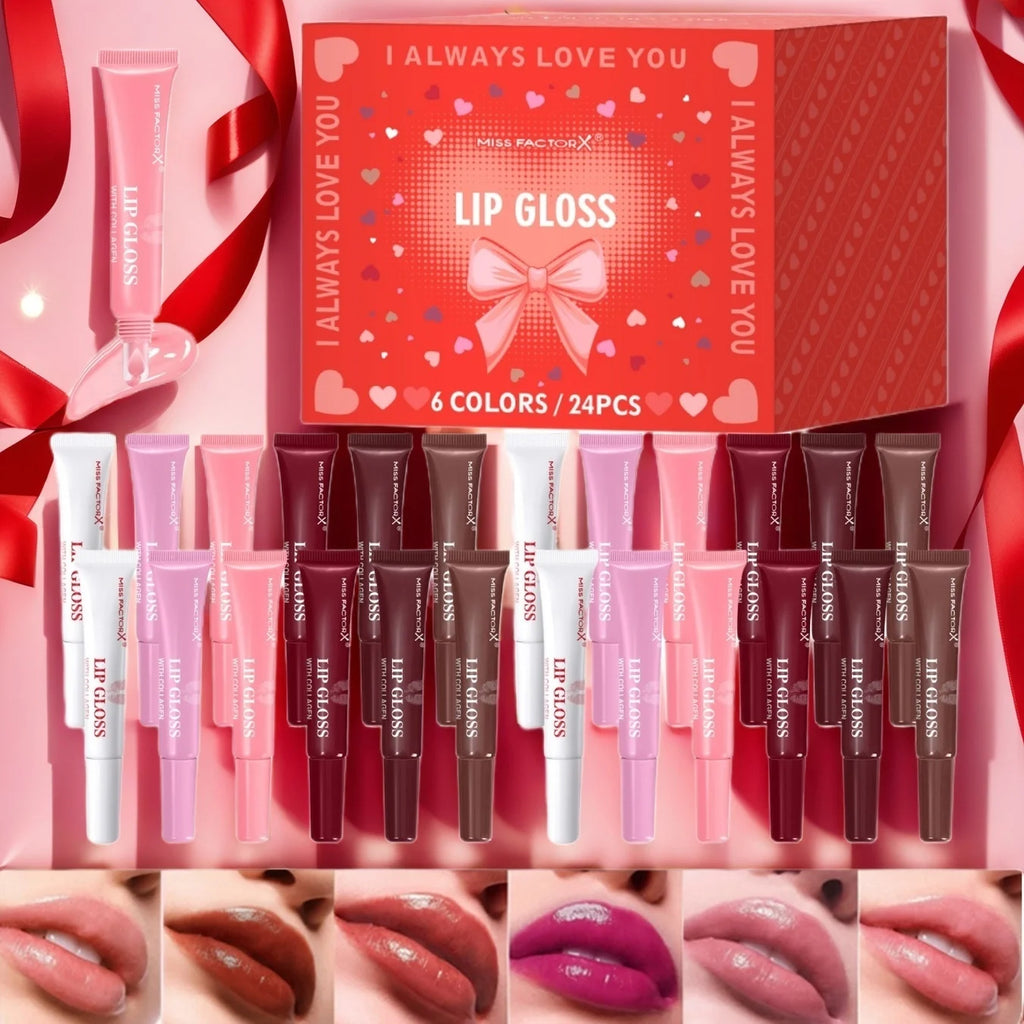 Premium gift set 24PCS/box Lip gloss set Long-lasting moisturizing Lip color modification Perfect gift for women Valentine’s Day Qme