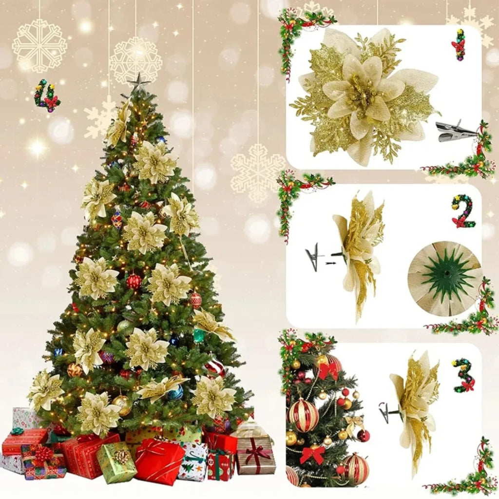 10/1Pc Christmas Glitter Artificial Flowers DIY Christmas Tree Hanging Ornaments Fake Flower For Xmas New Year Party Decor Gifts Qme