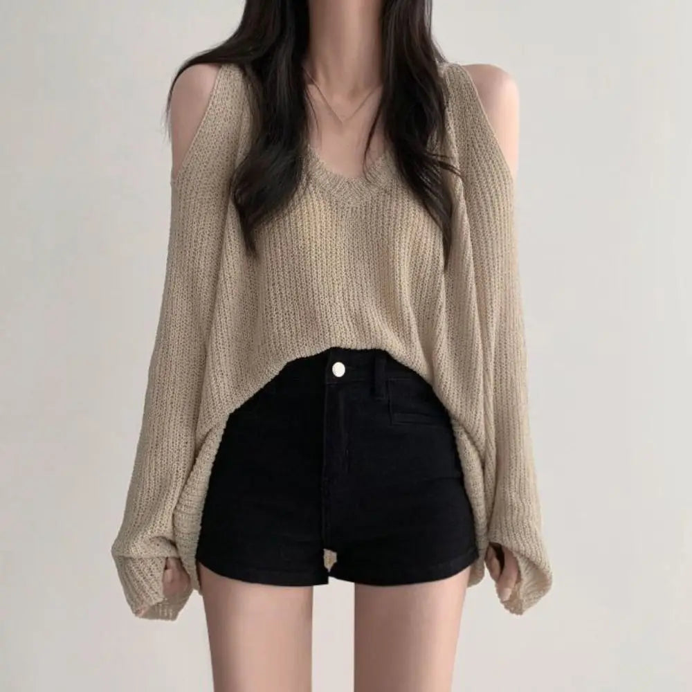 Chic Hollow Out Knit Long T-shirt Sleeve Pullover Crochet Knitwear Qme