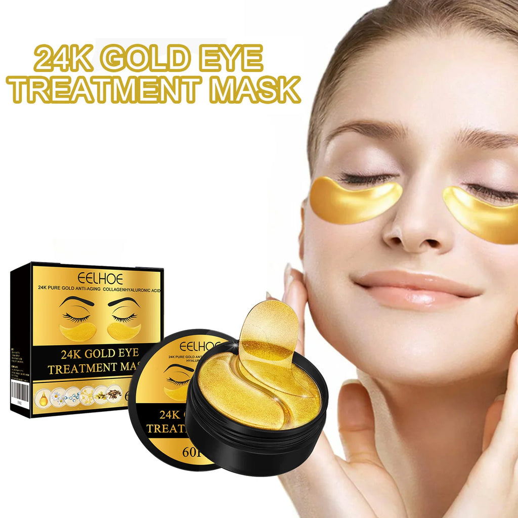 24K Gold Eye Treatment Mask Remove Dark Eye Circles Firming Fade Fine Lines Anti-Aging Hyaluronic Acid Collagen Under Eye Mask Qme