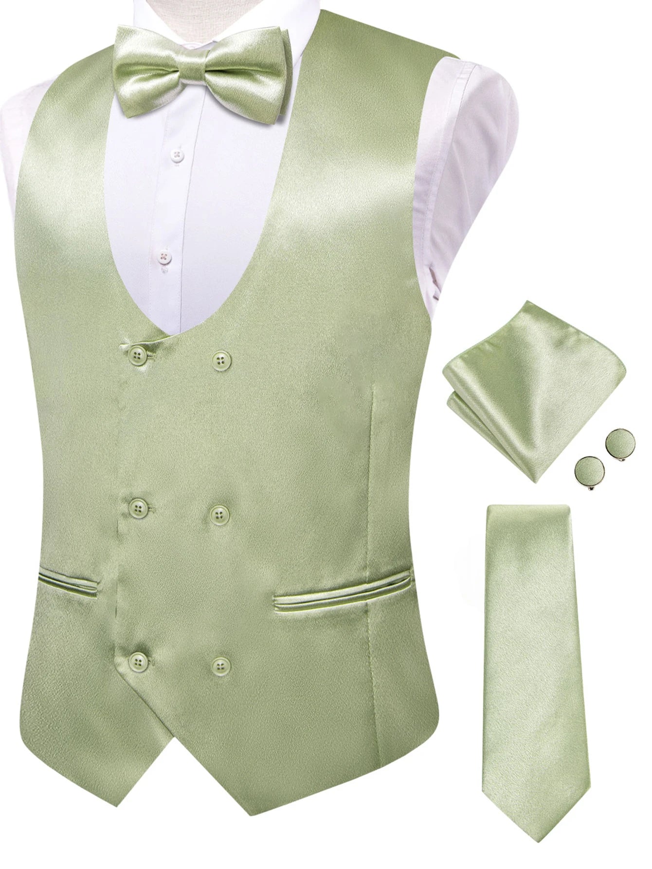 Men's Satin U Collar Vest Tie Hanky Cufflinks Bowtie Formal Waistcoat Qme MJTZ3265 S