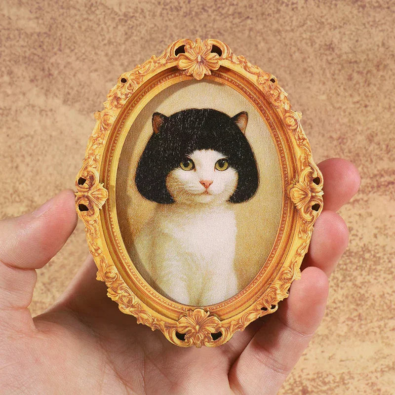 Mini Oval Retro Wooden Photo Frame Fridge Magnet Funny Cat Haircut Qme