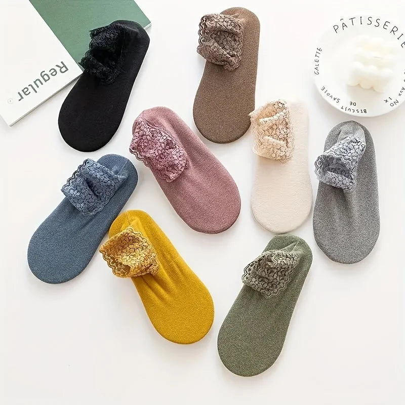 Women Winter Thermal Socks Lace Trim No Slip Floor Socks Warm Fuzzy Socks for Home Indoor Qme