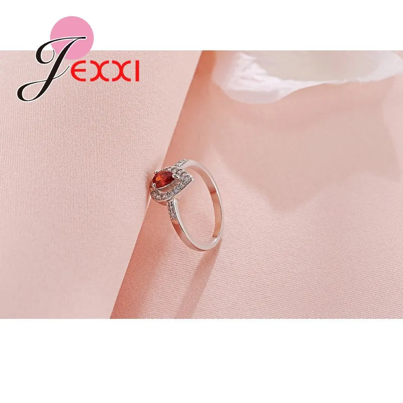 925 Sterling Silver Color Ring Waterdrop Shape Ornament Fire Red Crystal Stone For Women Female Gift Qme