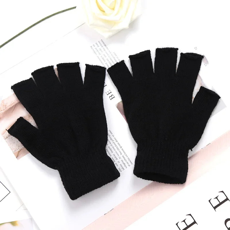 New Black Half Finger Fingerless Gloves for Women and Men Knit Wrist Cotton Pink Hand Gloves Winter Warm Workout Work Mittens Qme black One Size