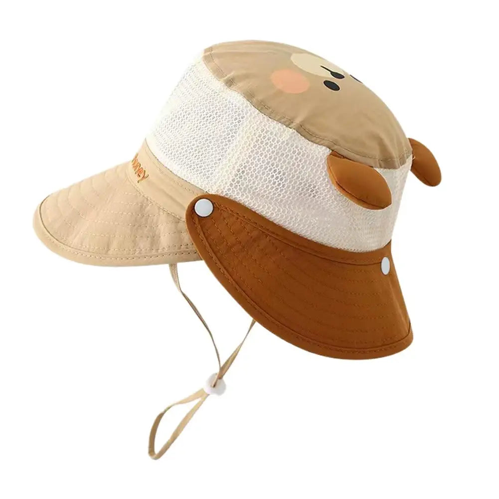 Summer Mesh Breathable Bucket Hats Cute Kids Sun Hat Wide Brim Beach Qme Khaki One size