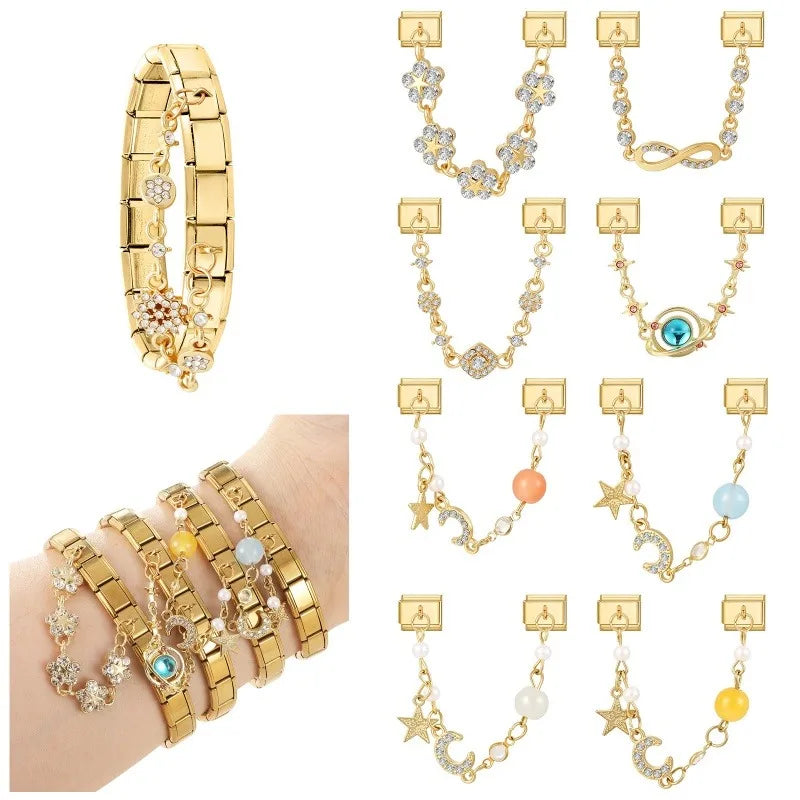 Retro Pearl Stars Moon Shiny Zircon Gold Color Chain Tassel Italian Charm Link Fit 9MM Stainless Steel Bracelet Women DIY Making Qme
