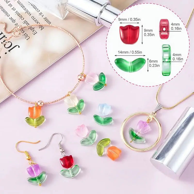 20PCS Glass Tulip Flower Beads Handcrafted Crystal Loose Beads for Spring Summer Valentines Wedding DIY Jewelry Making Gifts Qme