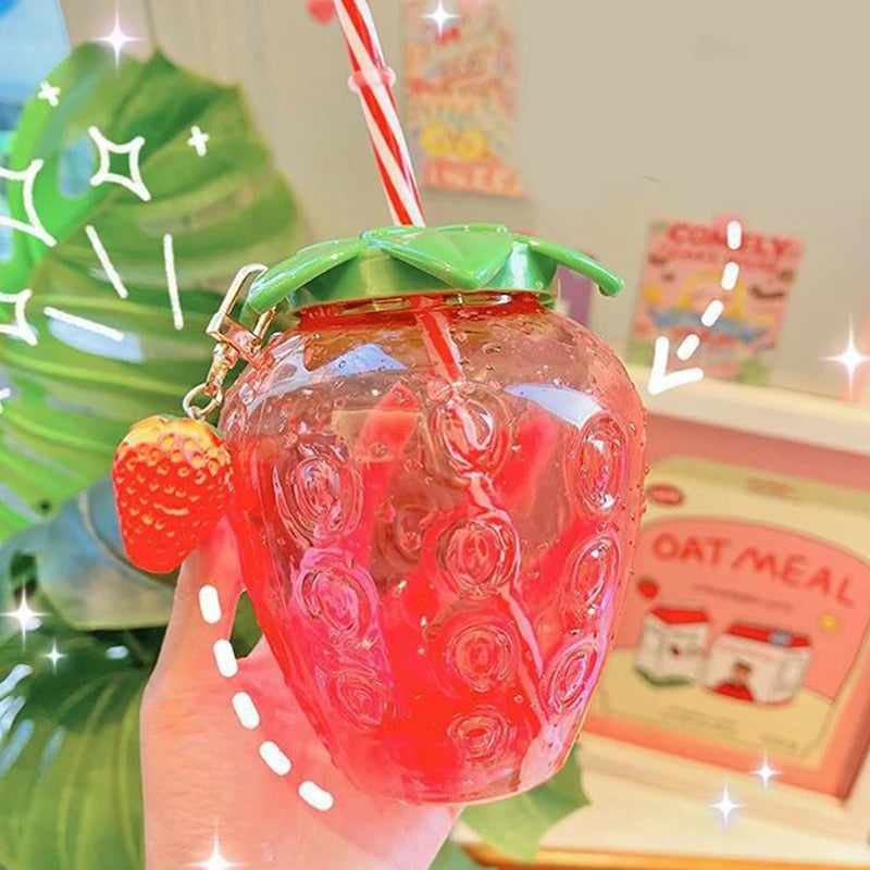 ^500ml Summer Cute Strawberry Straw Water Bottle Milk Coffee Straw Cup for Home Qme
